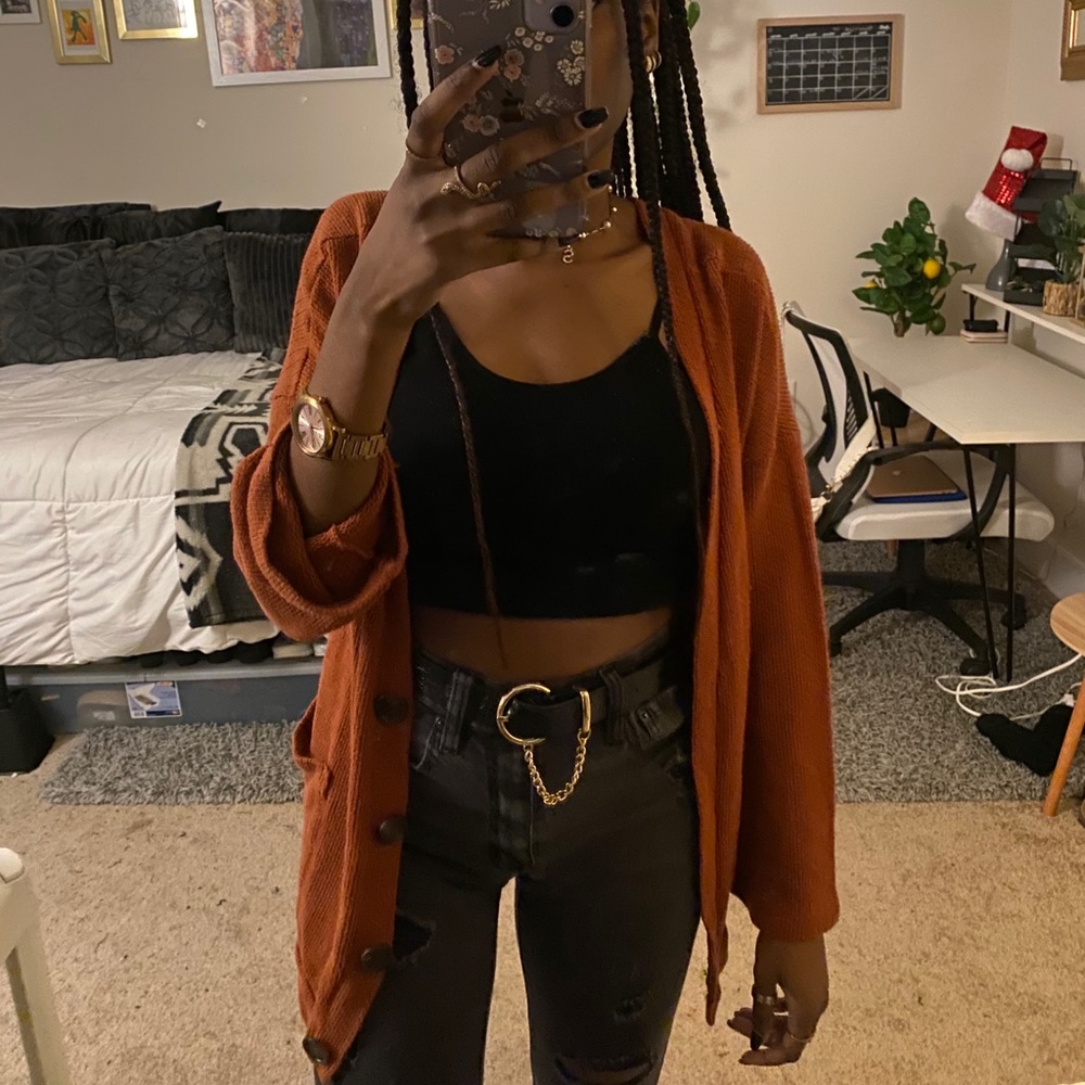 rust colored cardigan